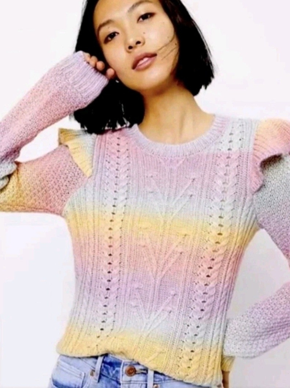LOFT Rainbow Pastel Ruffle Sweater Long Sleeve Size Small